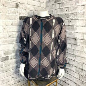 Vintage 3D Knit Sweater Grandpa Dad 90s Retro Textured Crewneck Pullover